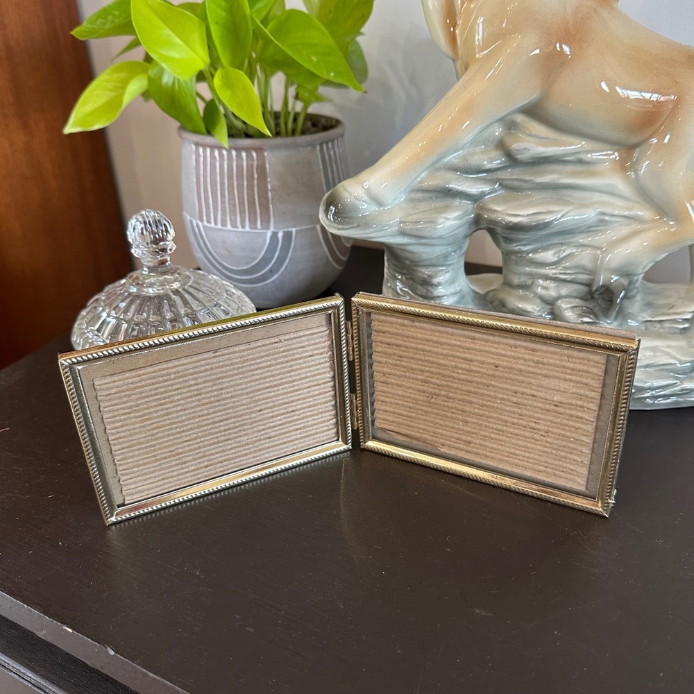 VTG Gold Metal Double Folding Picture Frame Beaded Border Hinge 3.75x3.5 MCM